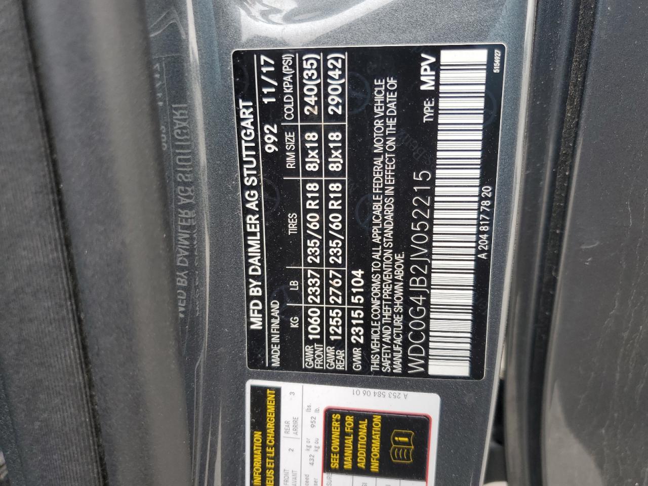 2018 Mercedes-Benz Glc 300 VIN: WDC0G4JB2JV052215 Lot: 60165605