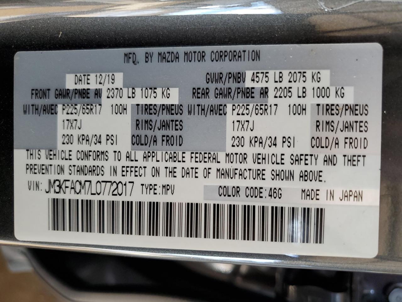 2020 Mazda Cx-5 Touring VIN: JM3KFACM7L0772017 Lot: 59362865