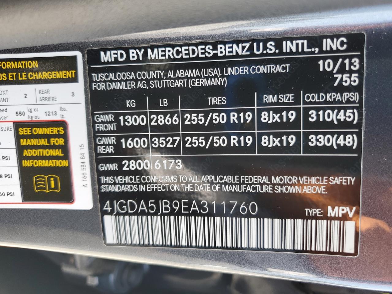 2014 Mercedes-Benz Ml 350 VIN: 4JGDA5JB9EA311760 Lot: 62338565