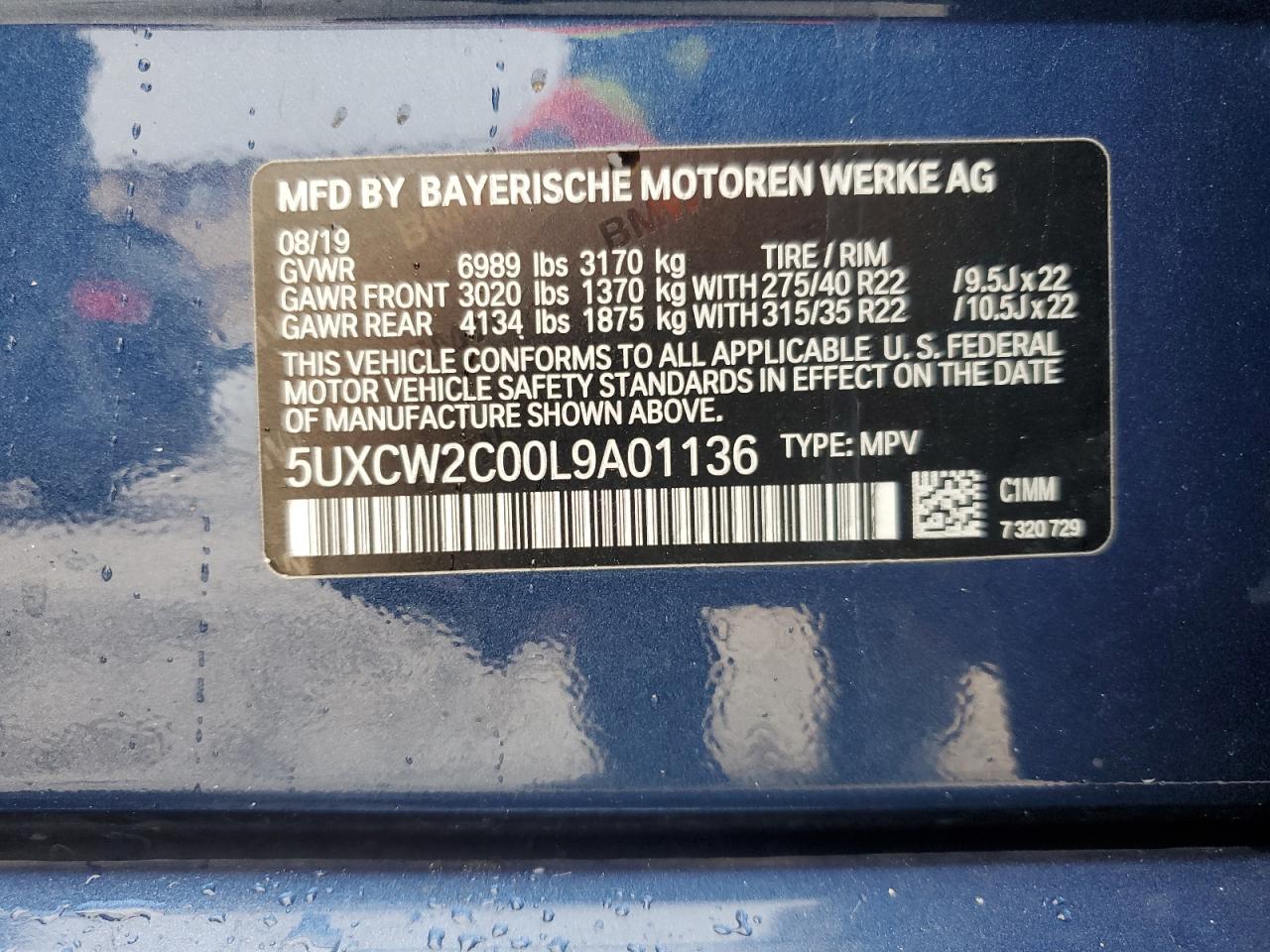 2020 BMW X7 xDrive40I VIN: 5UXCW2C00L9A01136 Lot: 59719445