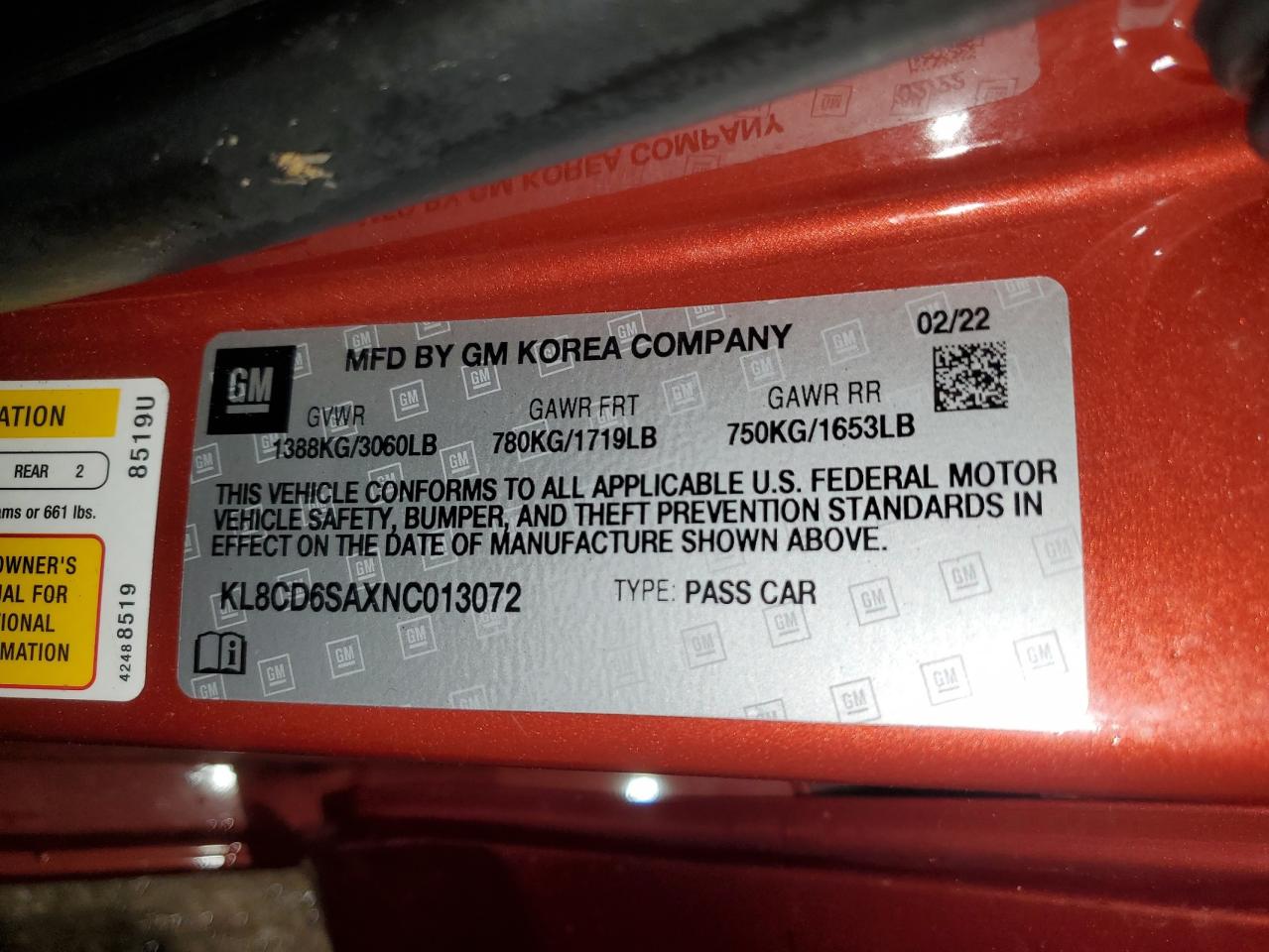 2022 Chevrolet Spark 1Lt VIN: KL8CD6SAXNC013072 Lot: 61981395