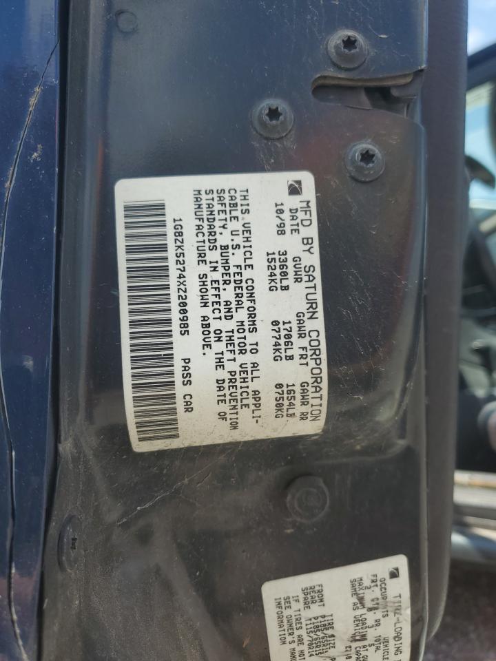 1999 Saturn Sl2 VIN: 1G8ZK5274XZ200985 Lot: 61952535