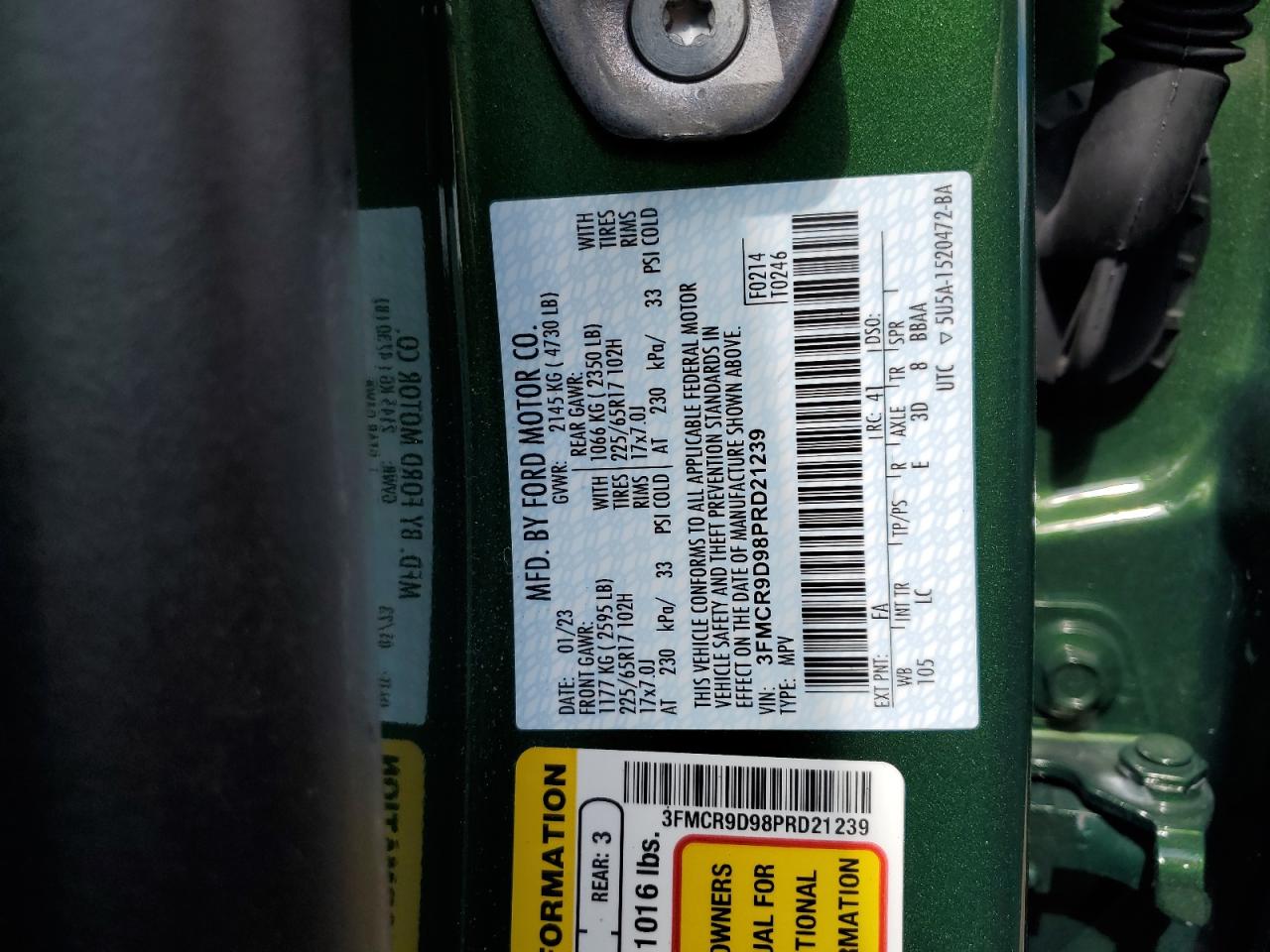 2023 Ford Bronco Sport Badlands VIN: 3FMCR9D98PRD21239 Lot: 62846015