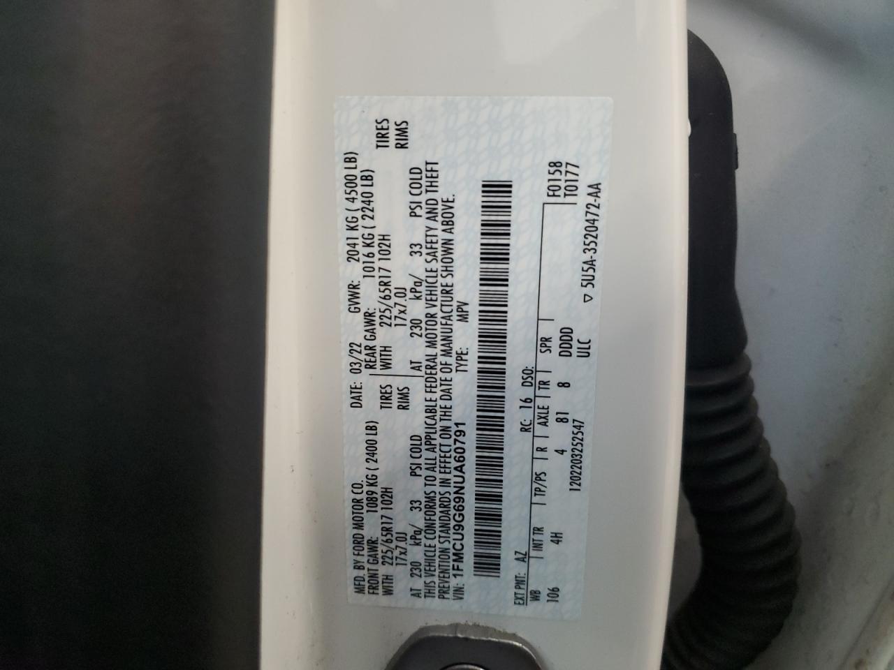 2022 Ford Escape Se VIN: 1FMCU9G69NUA60791 Lot: 61204735