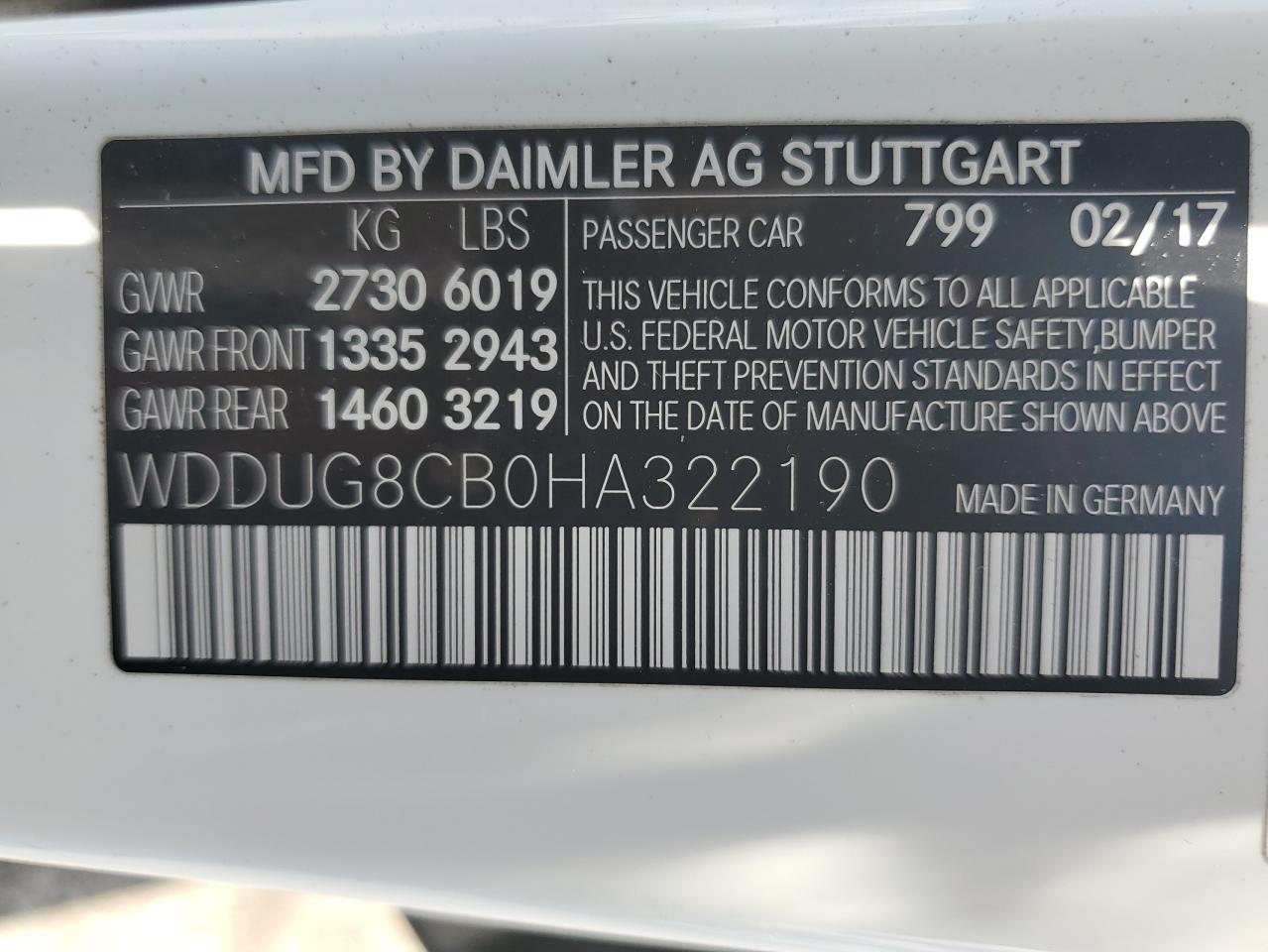 2017 Mercedes-Benz S 550 VIN: WDDUG8CB0HA322190 Lot: 61105225