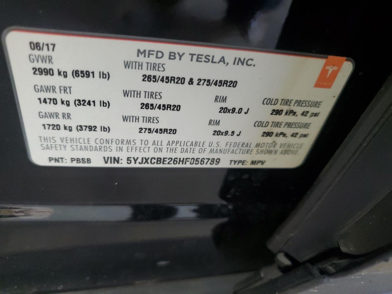 2017 Tesla Model X VIN: 5YJXCBE26HF056789 Lot: 59716425