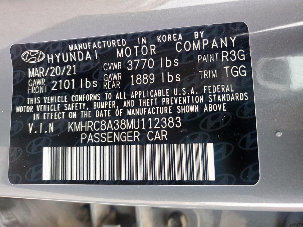 2021 Hyundai Venue Sel VIN: KMHRC8A38MU112383 Lot: 60133445
