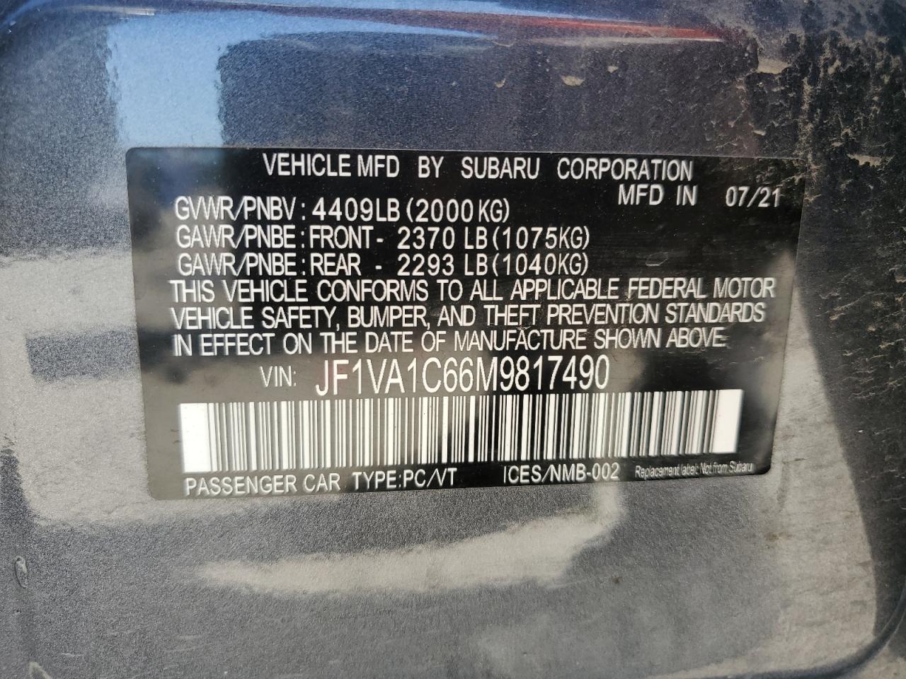 2021 Subaru Wrx Premium VIN: JF1VA1C66M9817490 Lot: 61607695
