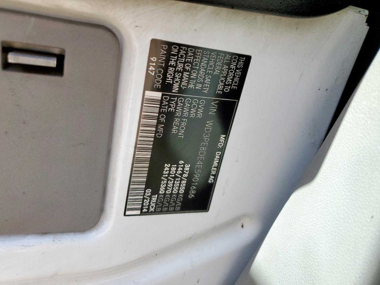 2014 Mercedes-Benz Sprinter 2500 VIN: WD3PE8DE4E5901686 Lot: 62676945