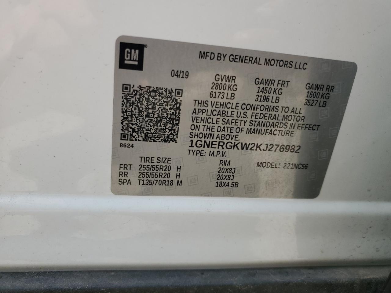2019 Chevrolet Traverse Lt VIN: 1GNERGKW2KJ276982 Lot: 62844565