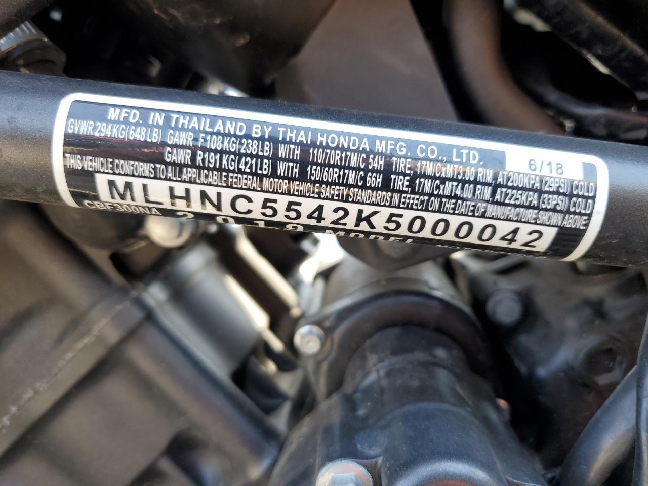 2019 Honda Cbf300 Na VIN: MLHNC5542K5000042 Lot: 62145565