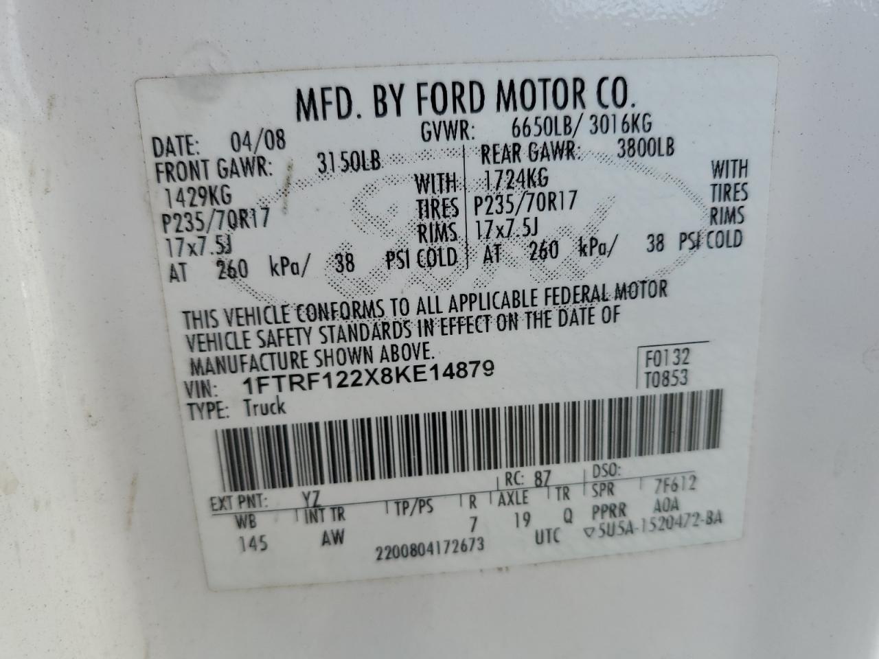 2008 Ford F150 VIN: 1FTRF122X8KE14879 Lot: 59618265