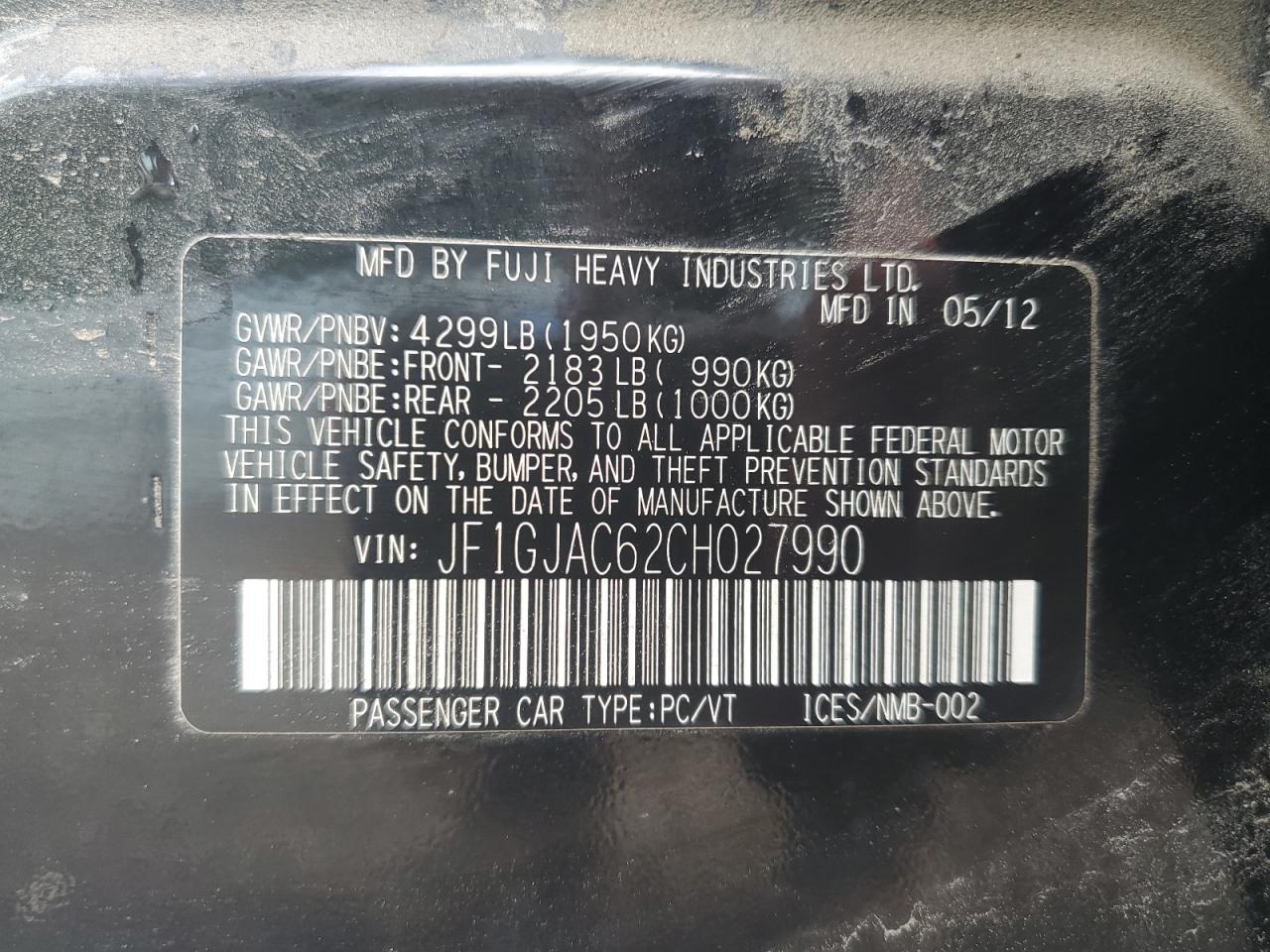 2012 Subaru Impreza Premium VIN: JF1GJAC62CH027990 Lot: 61573965