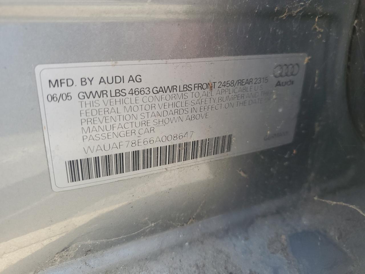 2006 Audi A4 2 Turbo VIN: WAUAF78E66A008647 Lot: 61341155