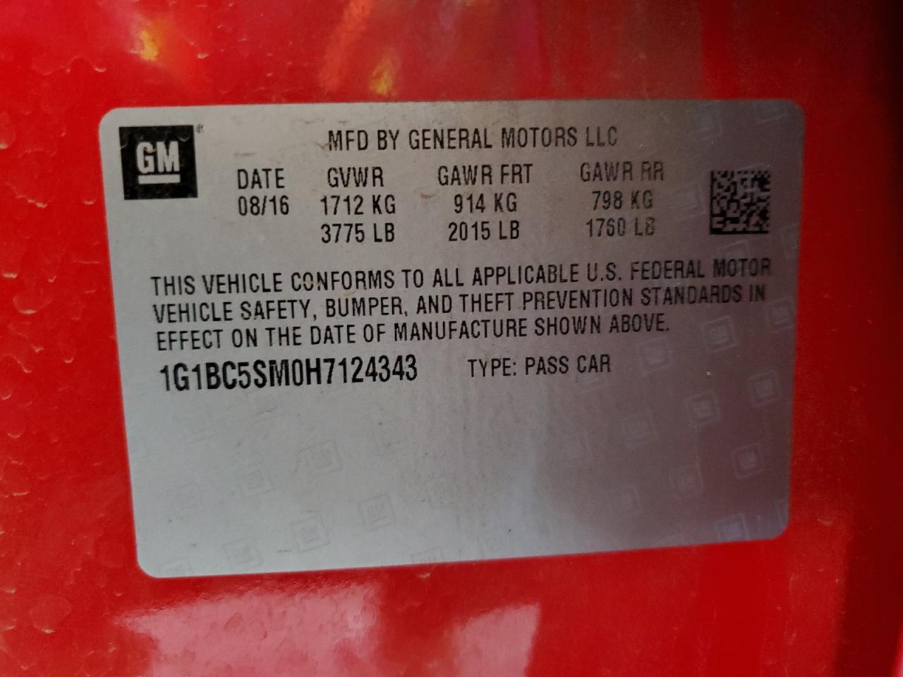 2017 Chevrolet Cruze Ls VIN: 1G1BC5SM0H7124343 Lot: 59887945