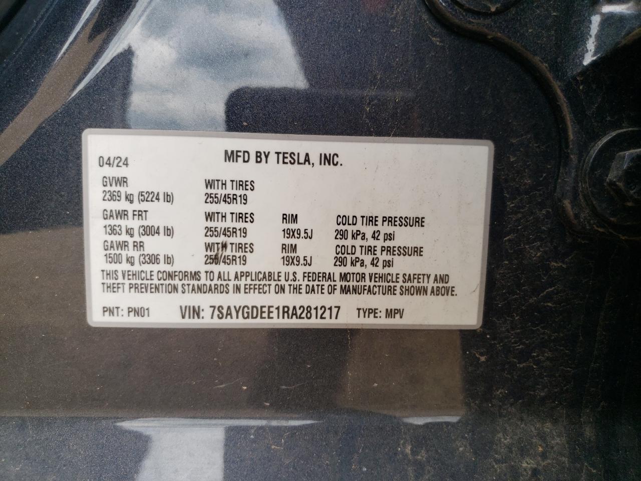 2024 Tesla Model Y VIN: 7SAYGDEE1RA281217 Lot: 61996575