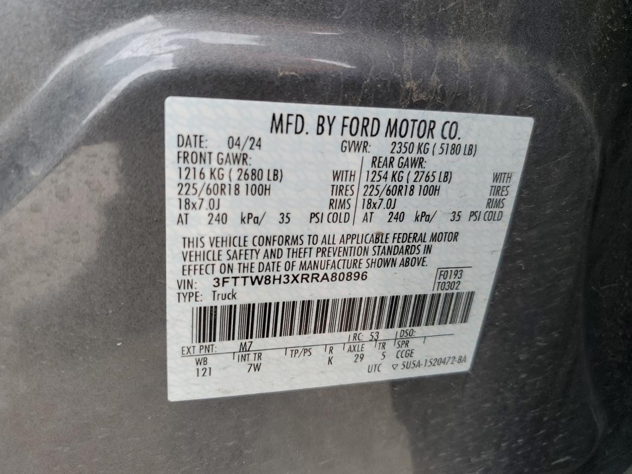 2024 Ford Maverick Xlt VIN: 3FTTW8H3XRRA80896 Lot: 59260445