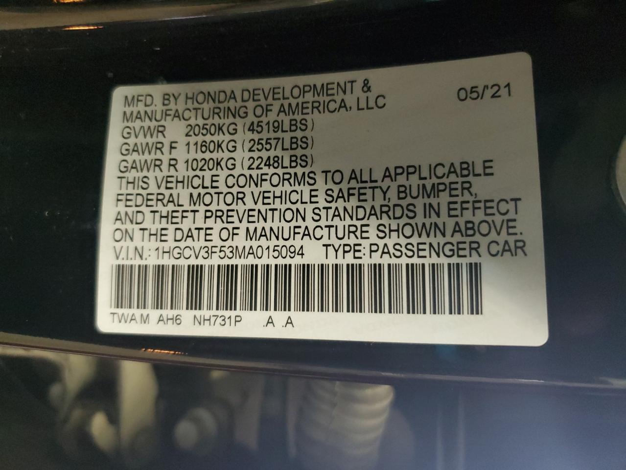 2021 Honda Accord Hybrid Exl VIN: 1HGCV3F53MA015094 Lot: 62998685