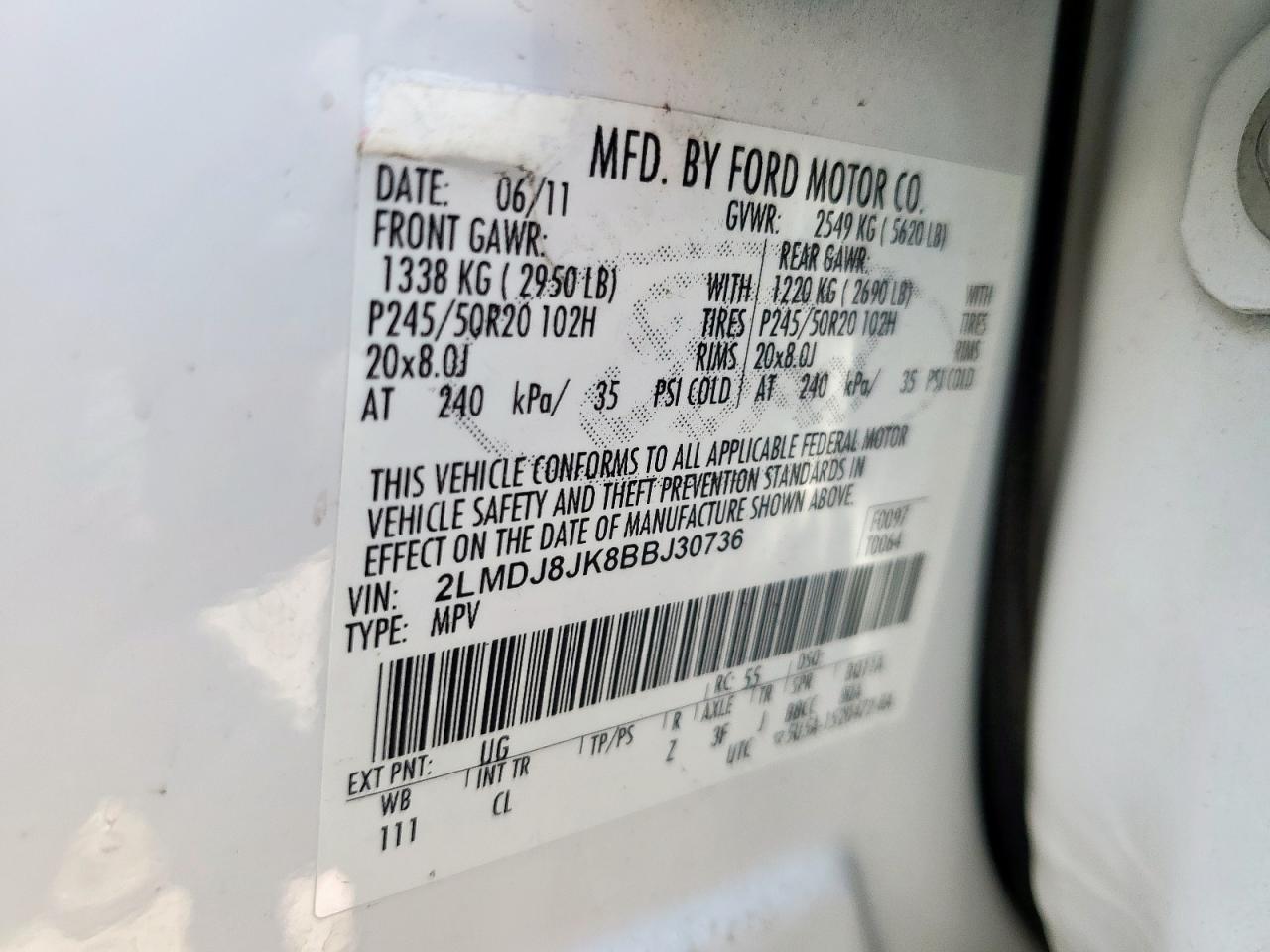 2011 Lincoln Mkx VIN: 2LMDJ8JK8BBJ30736 Lot: 59796095