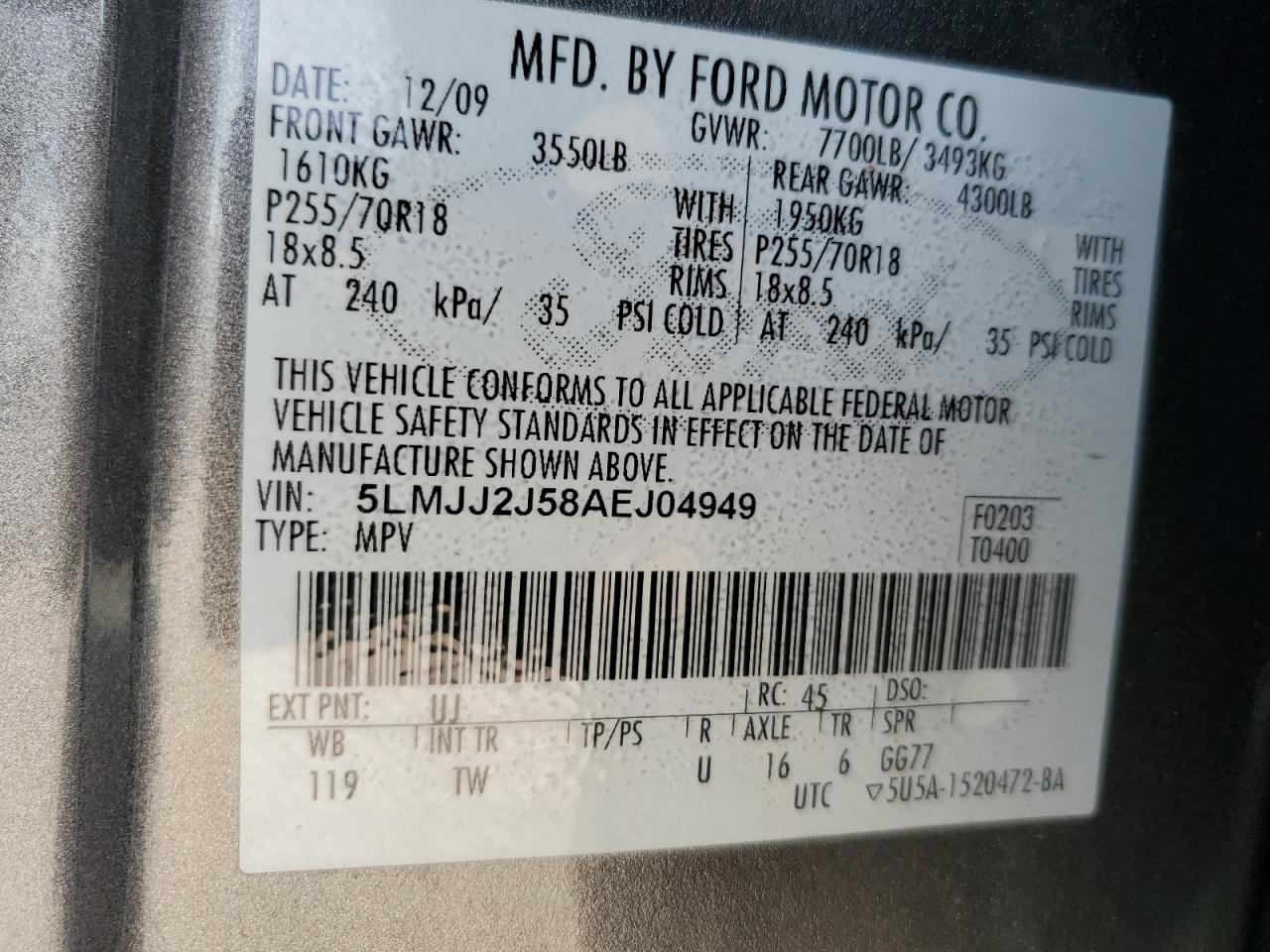 2010 Lincoln Navigator VIN: 5LMJJ2J58AEJ04949 Lot: 62190445