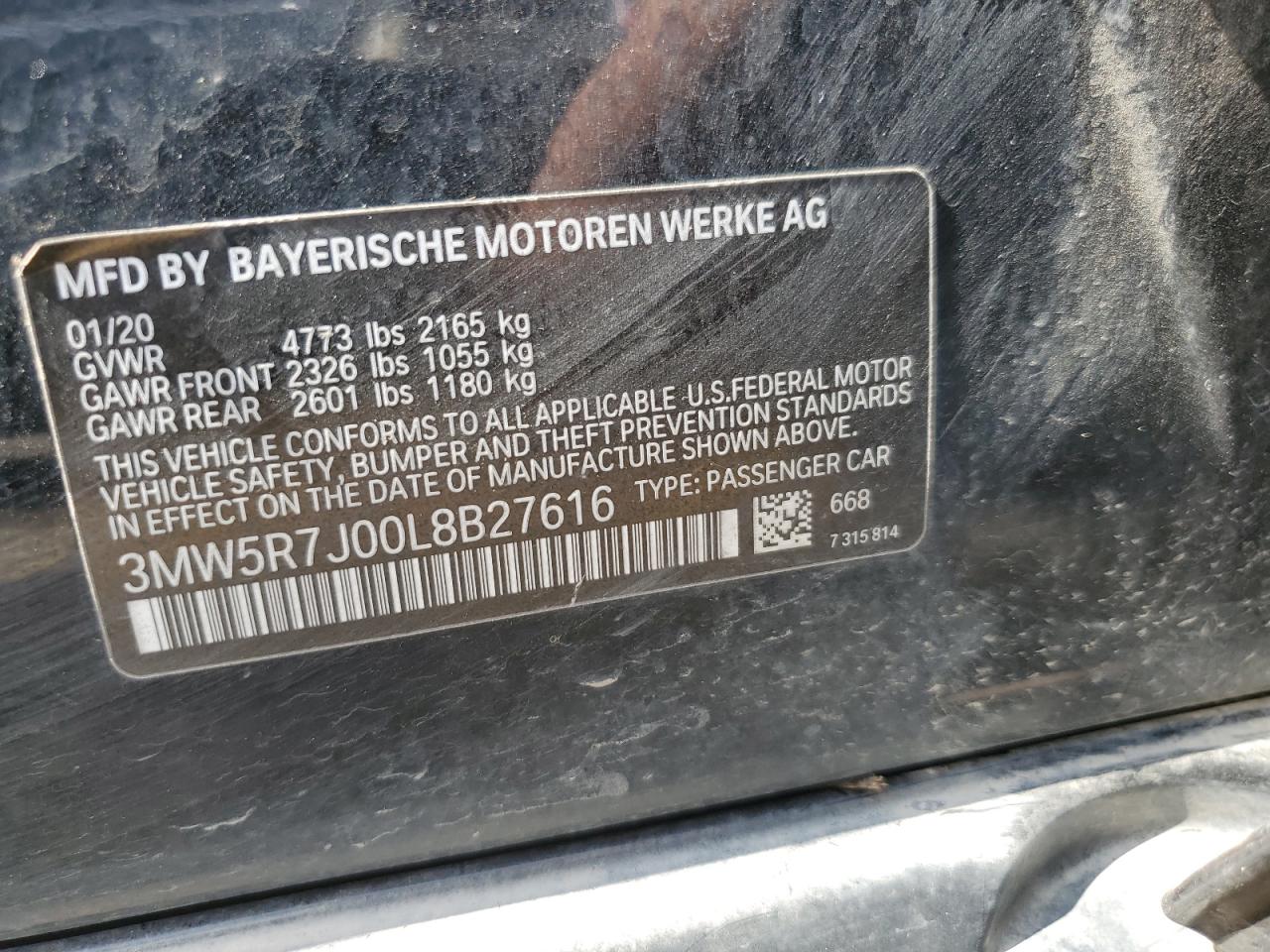 2020 BMW 330Xi VIN: 3MW5R7J00L8B27616 Lot: 59763975