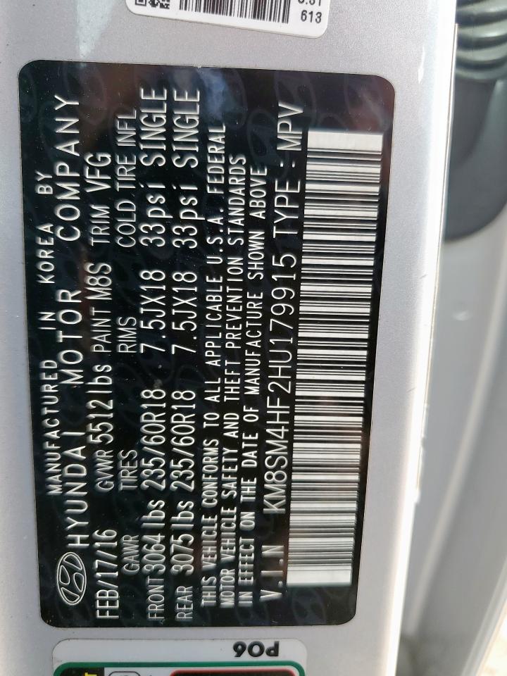 2017 Hyundai Santa Fe Se VIN: KM8SM4HF2HU179915 Lot: 63107485