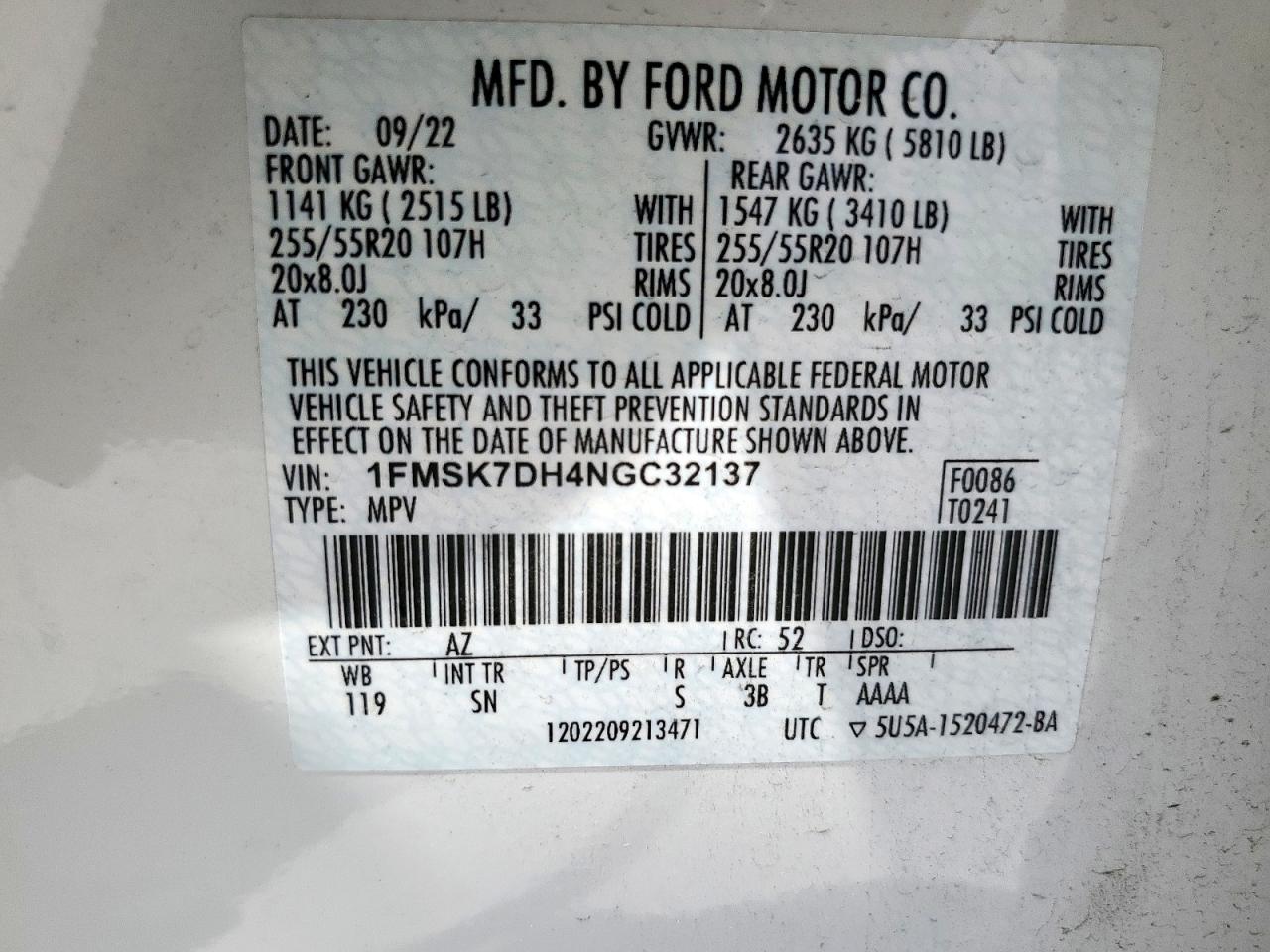 2022 Ford Explorer Xlt VIN: 1FMSK7DH4NGC32137 Lot: 62165275
