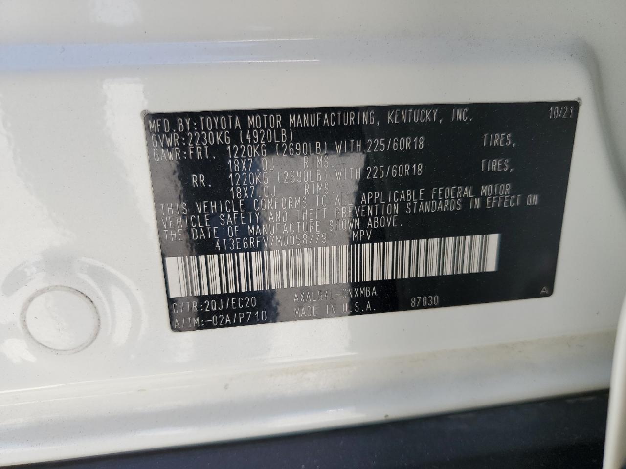 2021 Toyota Rav4 Xse VIN: 4T3E6RFV7MU058779 Lot: 61207205