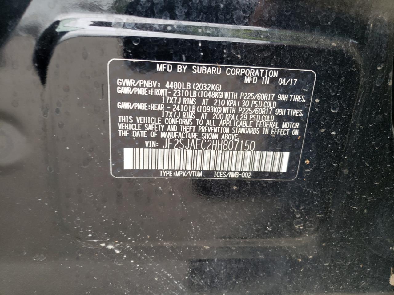 2017 Subaru Forester 2.5I Premium VIN: JF2SJAEC2HH807150 Lot: 59542145
