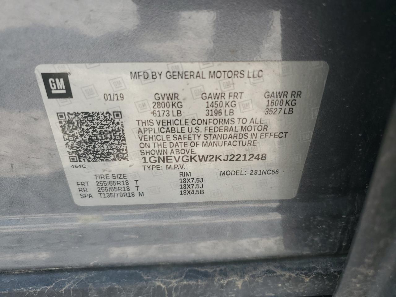 2019 Chevrolet Traverse Lt VIN: 1GNEVGKW2KJ221248 Lot: 59184835