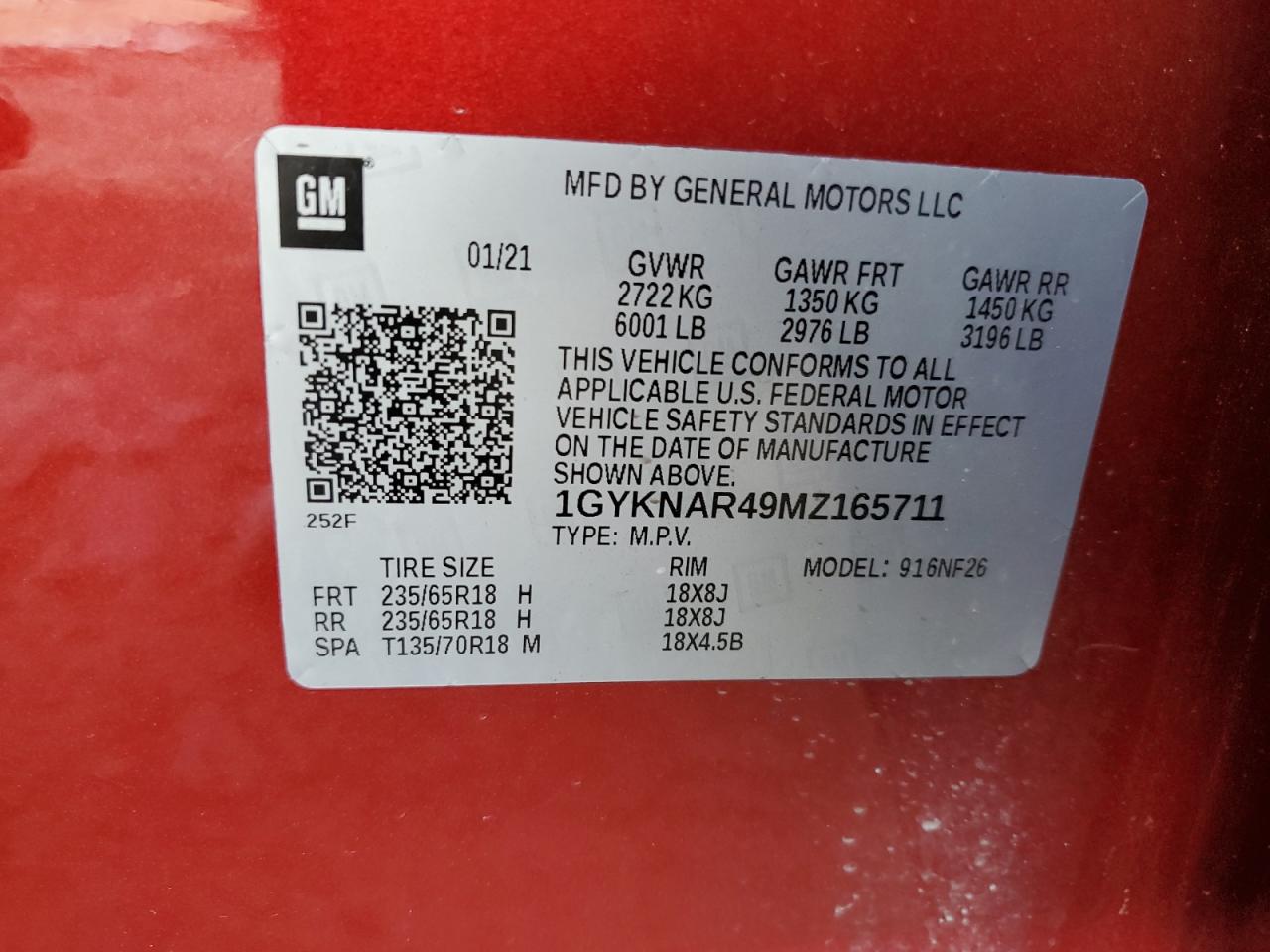 2021 Cadillac Xt5 Luxury VIN: 1GYKNAR49MZ165711 Lot: 62453135