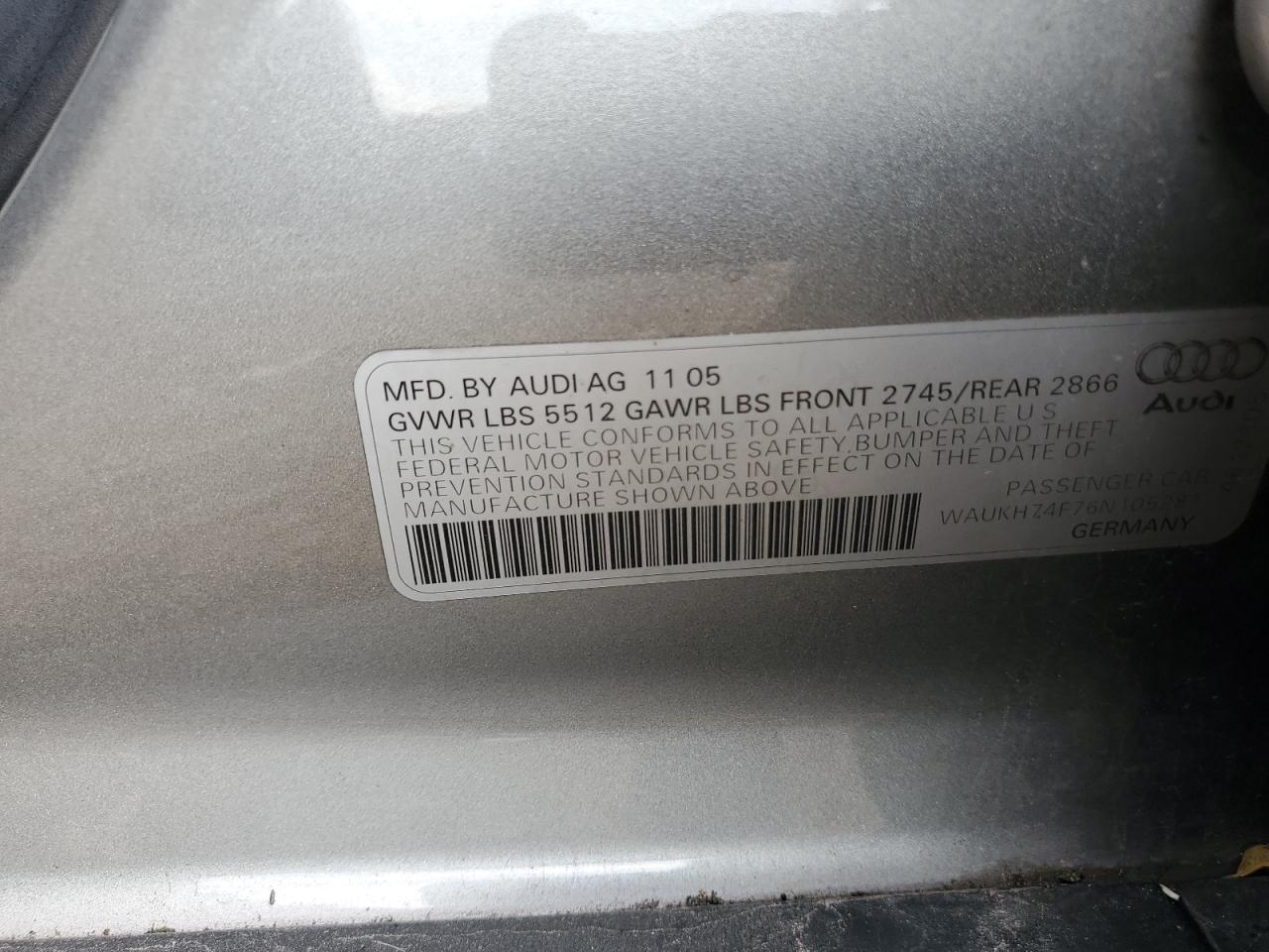 2006 Audi A6 Avant Quattro VIN: WAUKH74F76N105281 Lot: 62265315