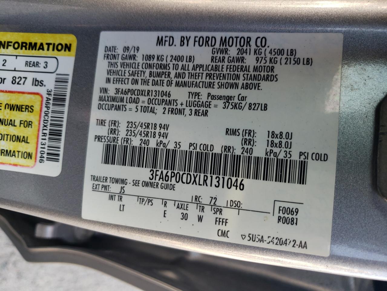 2020 Ford Fusion Sel VIN: 3FA6P0CDXLR131046 Lot: 61440725