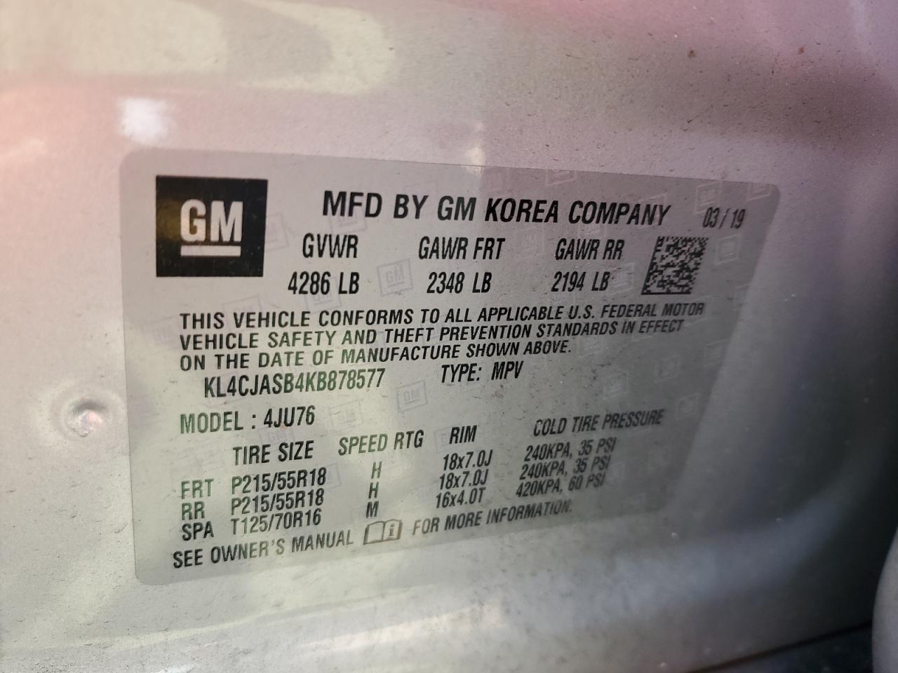 2019 Buick Encore Preferred VIN: KL4CJASB4KB878577 Lot: 61613855
