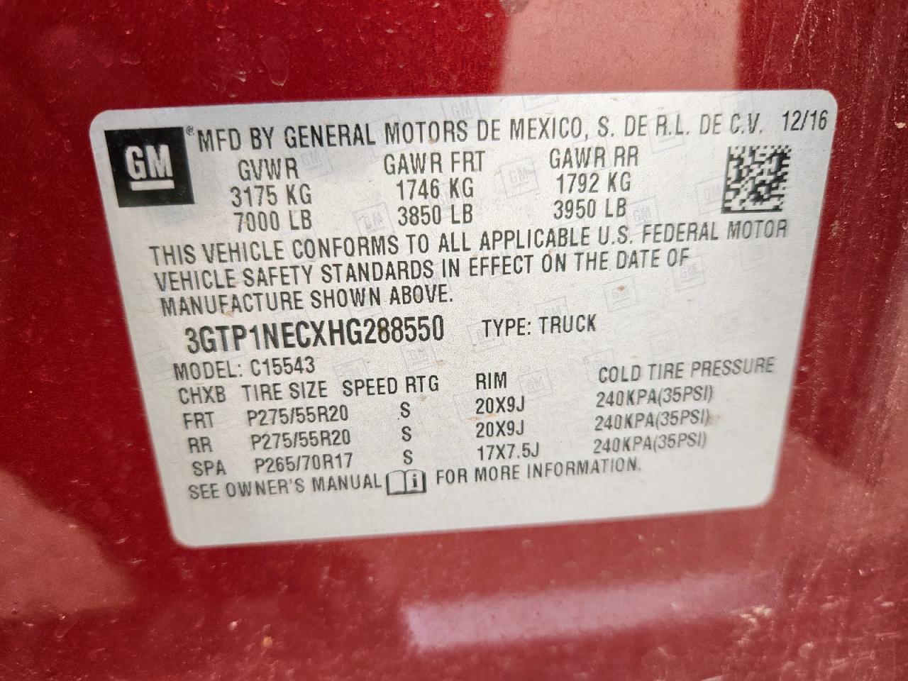 2017 GMC Sierra C1500 Slt VIN: 3GTP1NECXHG288550 Lot: 63095575