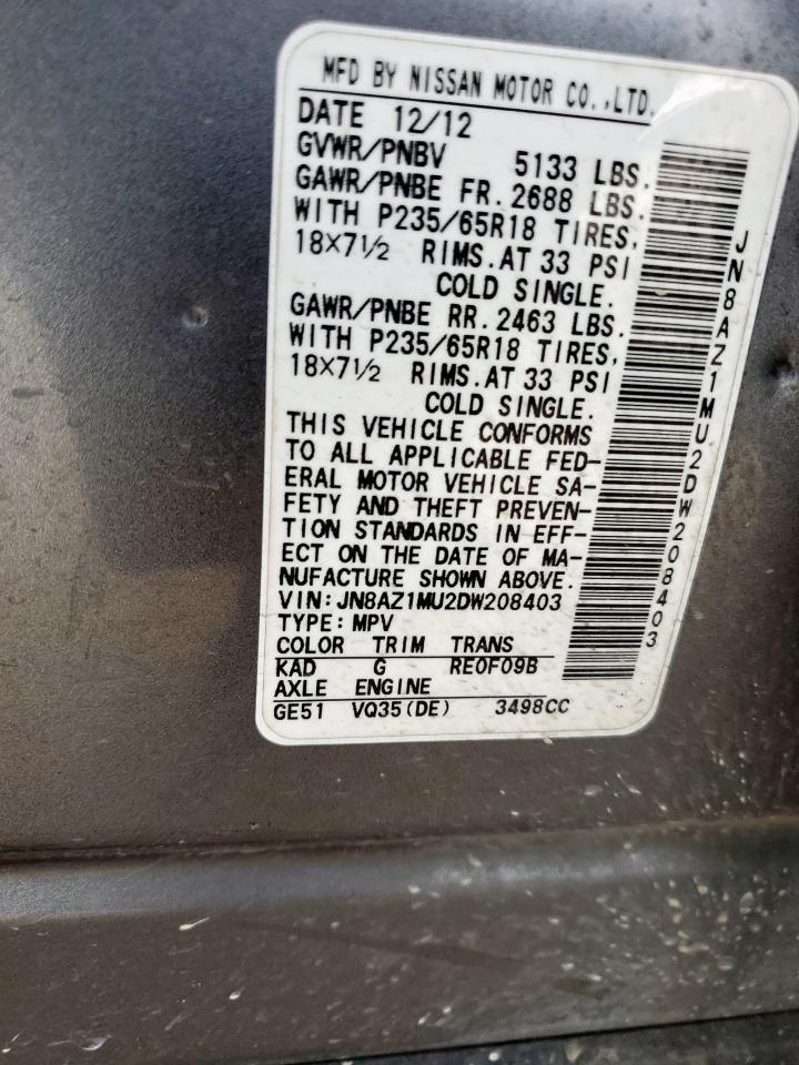2013 Nissan Murano S VIN: JN8AZ1MU2DW208403 Lot: 62654655