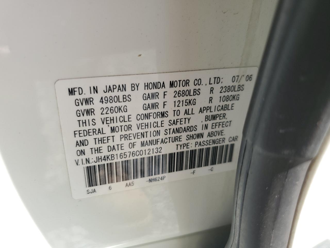 2006 Acura Rl VIN: JH4KB16576C012132 Lot: 61897805