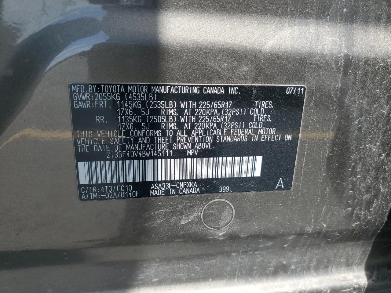 2011 Toyota Rav4 VIN: 2T3BF4DV4BW145111 Lot: 62364725