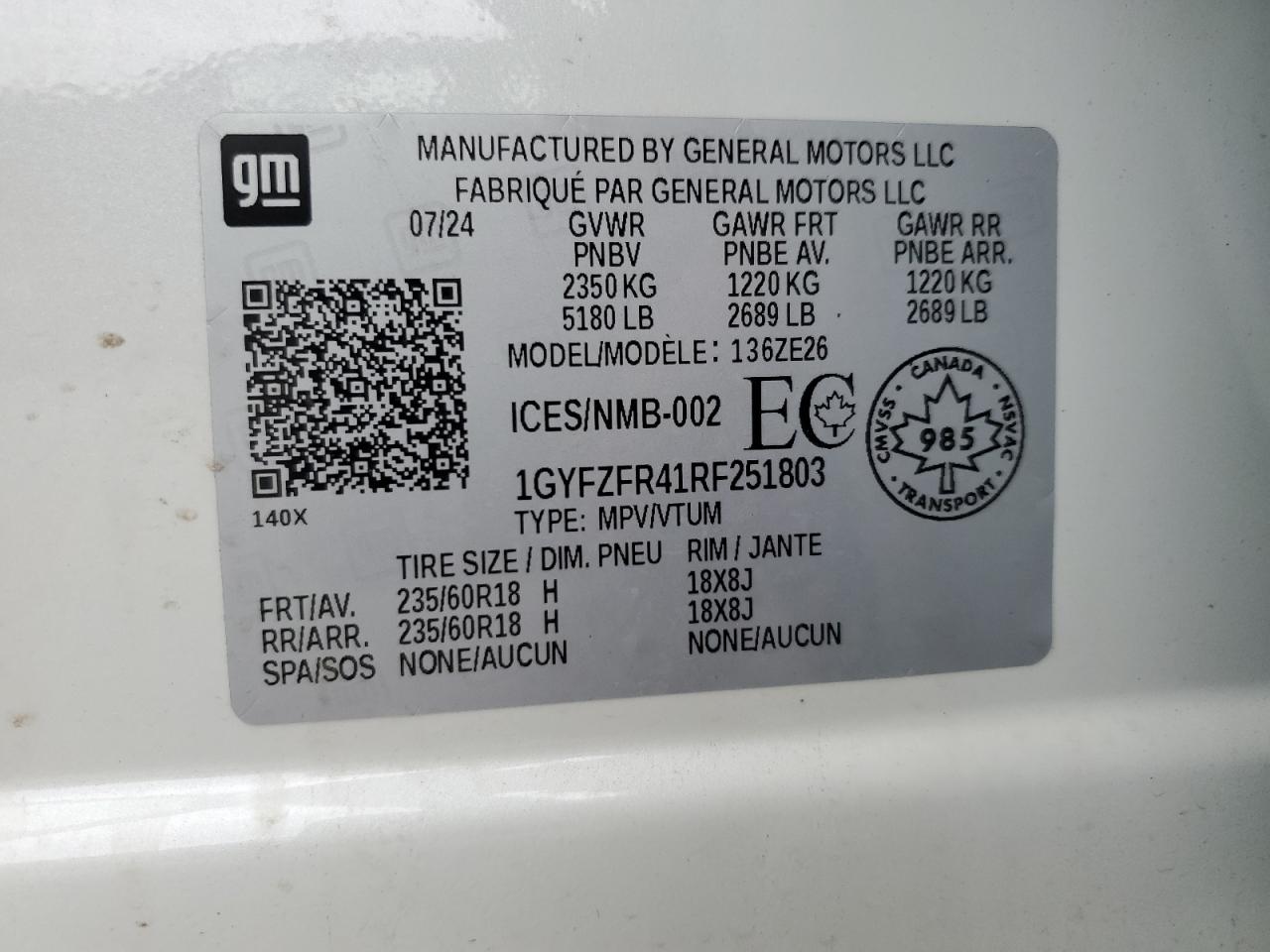 2024 Cadillac Xt4 Sport VIN: 1GYFZFR41RF251803 Lot: 62606555