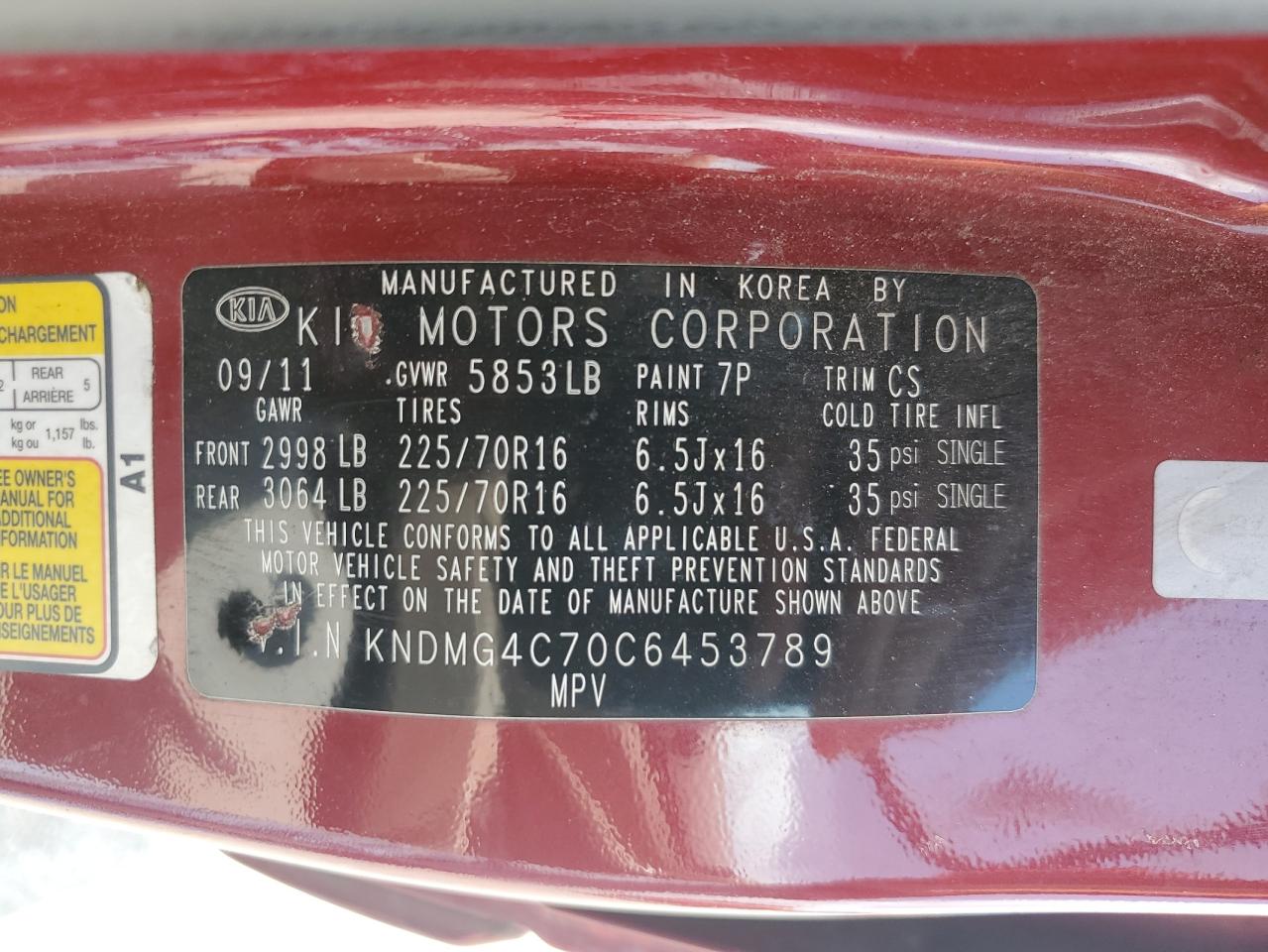 2012 Kia Sedona Lx VIN: KNDMG4C70C6453789 Lot: 61171605