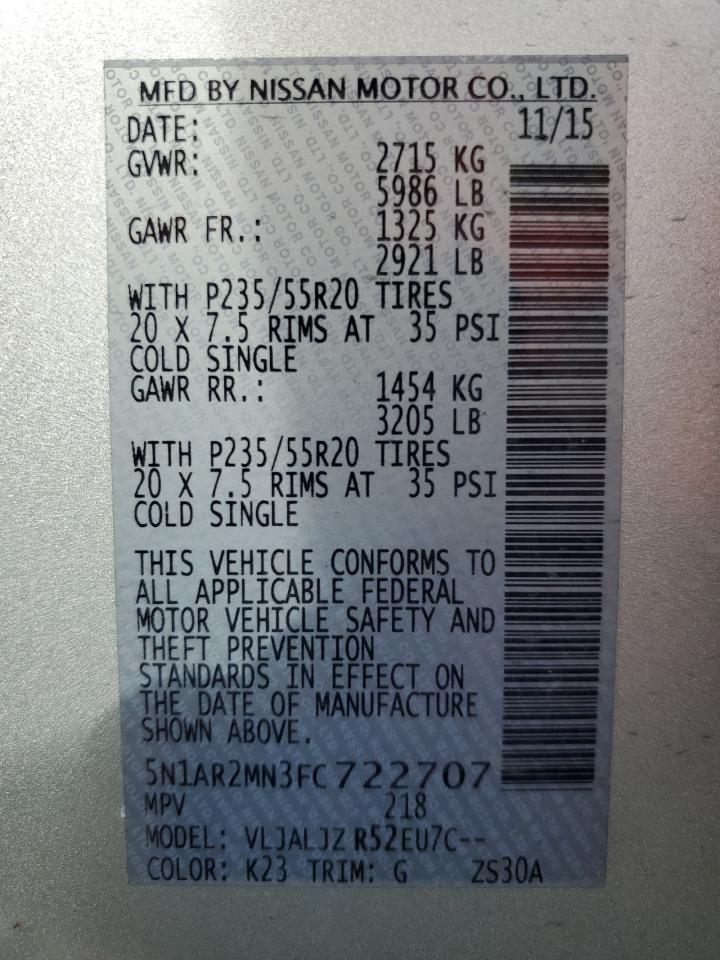 2015 Nissan Pathfinder S VIN: 5N1AR2MN3FC722707 Lot: 59866905