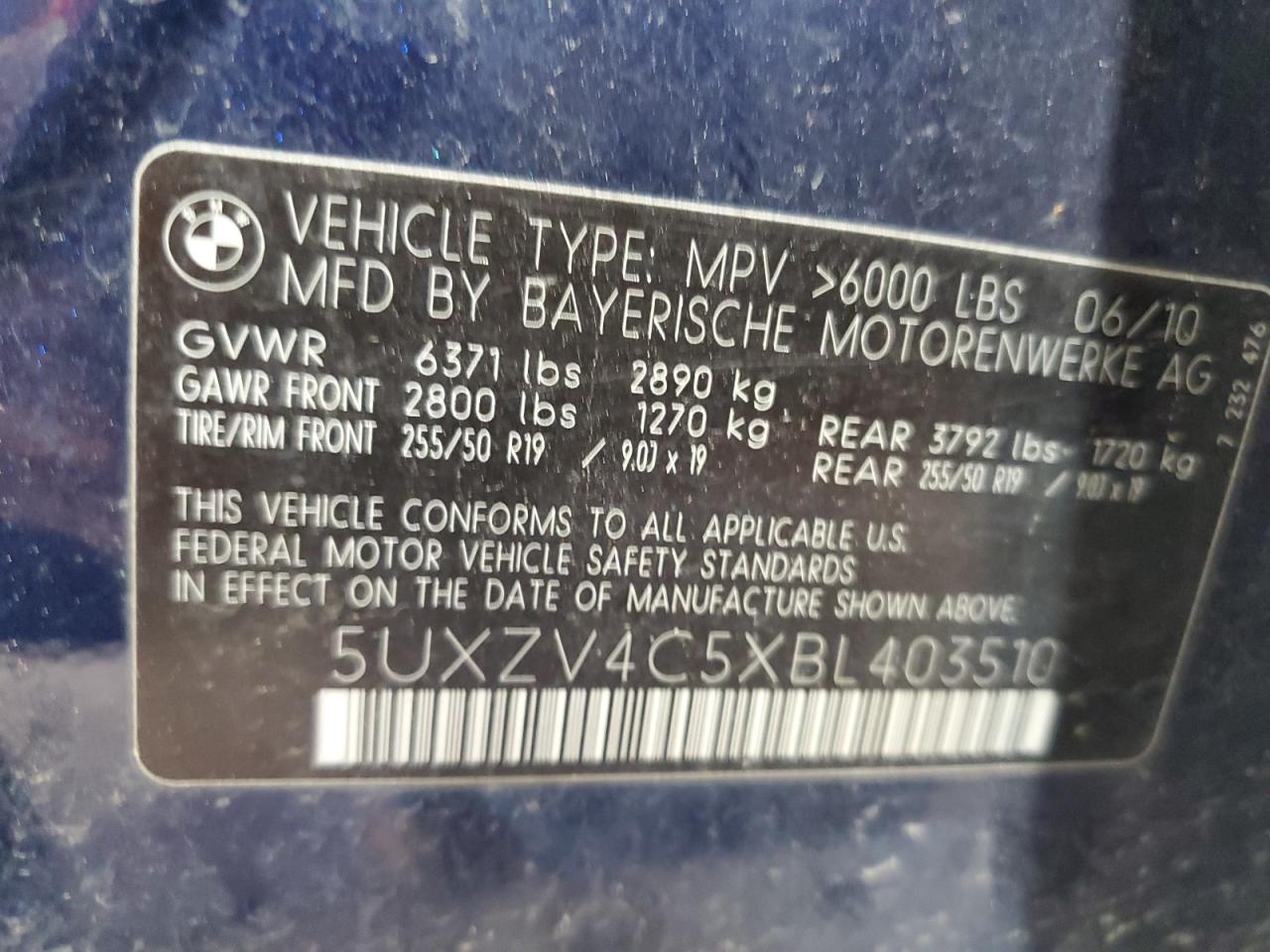2011 BMW X5 xDrive35I VIN: 5UXZV4C5XBL403510 Lot: 60718105