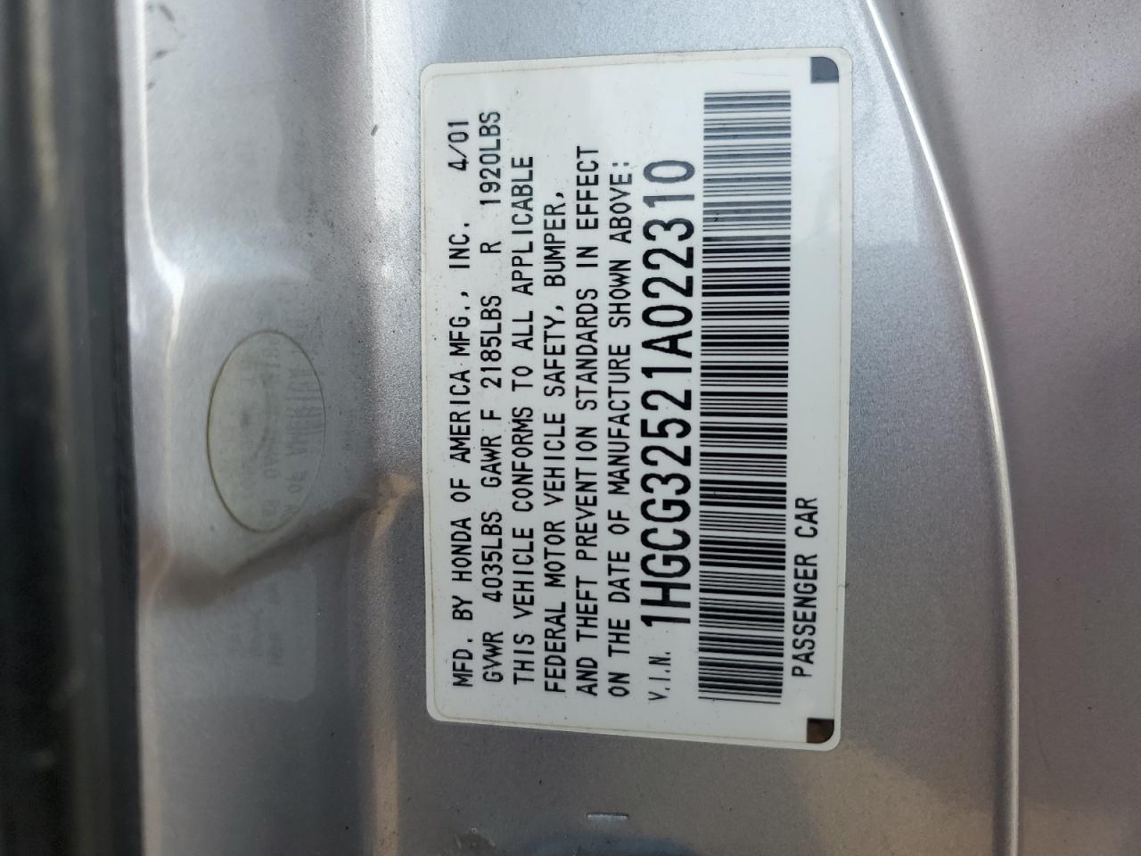 2001 Honda Accord Ex VIN: 1HGCG32521A022310 Lot: 59130485
