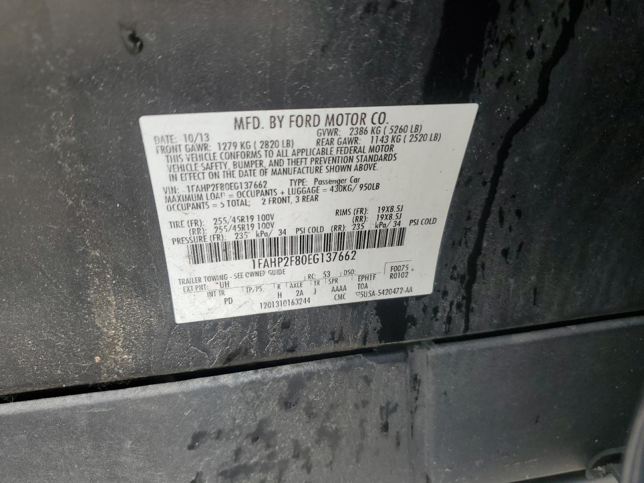2014 Ford Taurus Limited VIN: 1FAHP2F80EG137662 Lot: 61368545