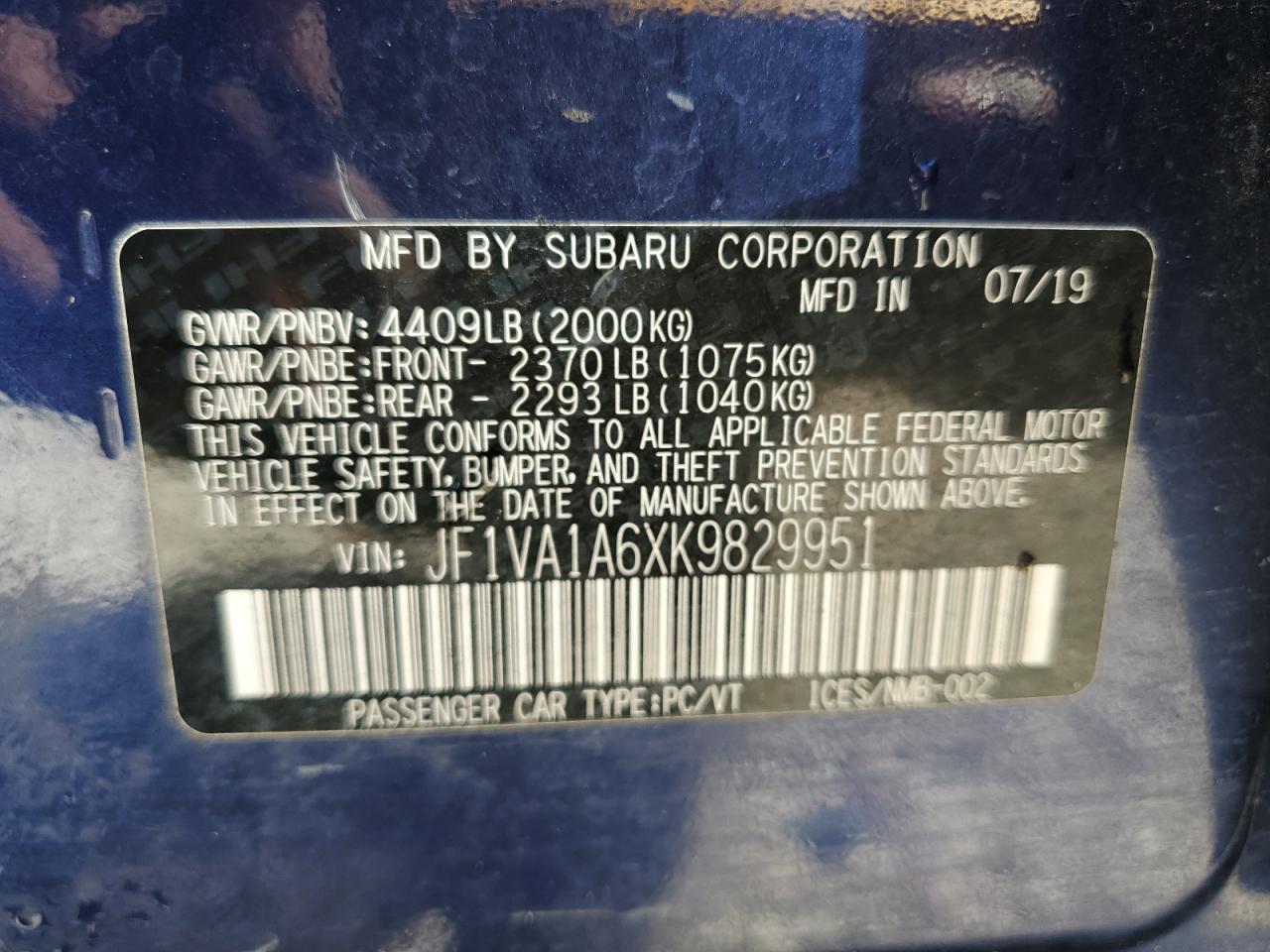 2019 Subaru Wrx VIN: JF1VA1A6XK9829951 Lot: 60995865