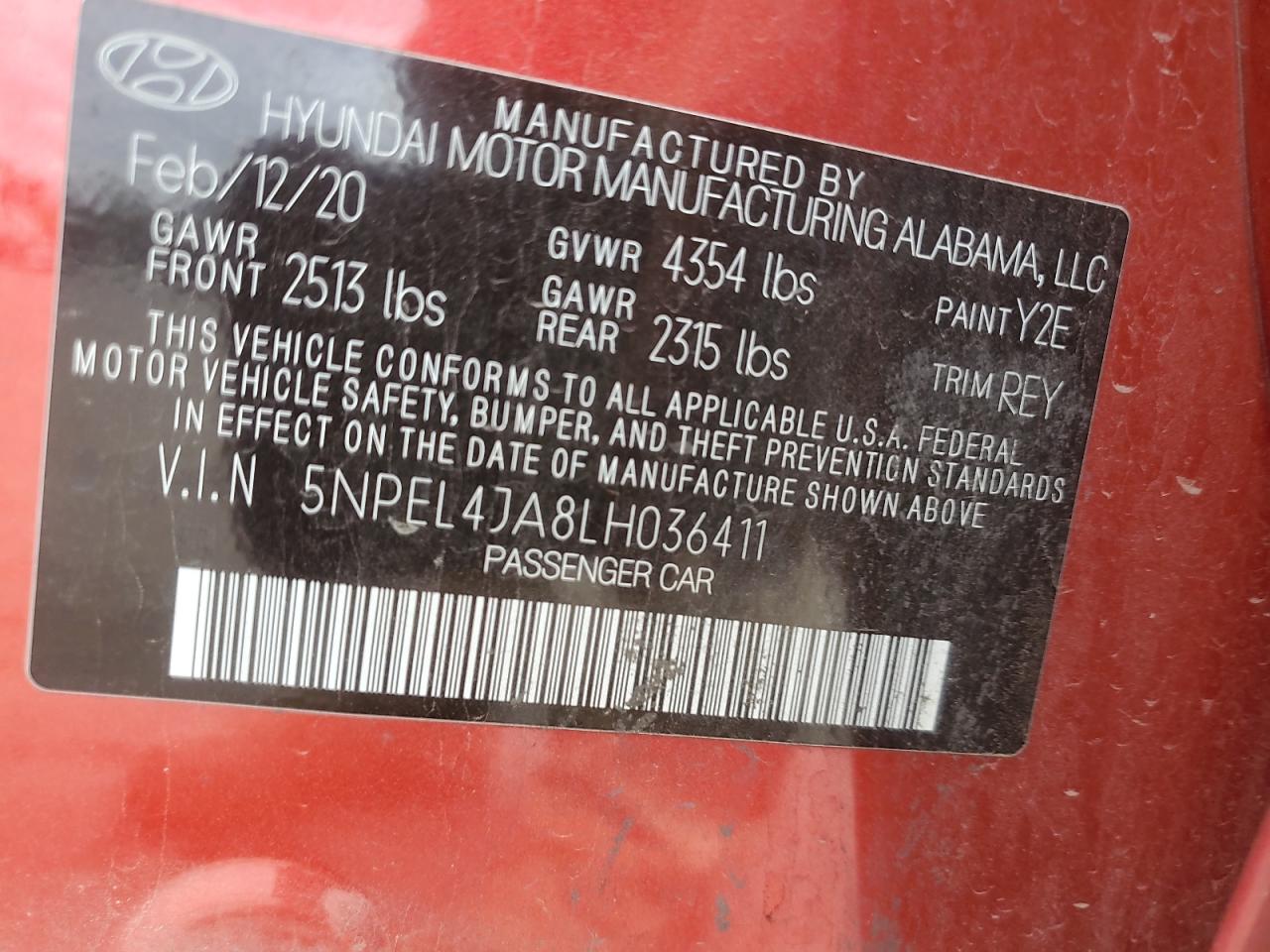 2020 Hyundai Sonata Sel VIN: 5NPEL4JA8LH036411 Lot: 62740225