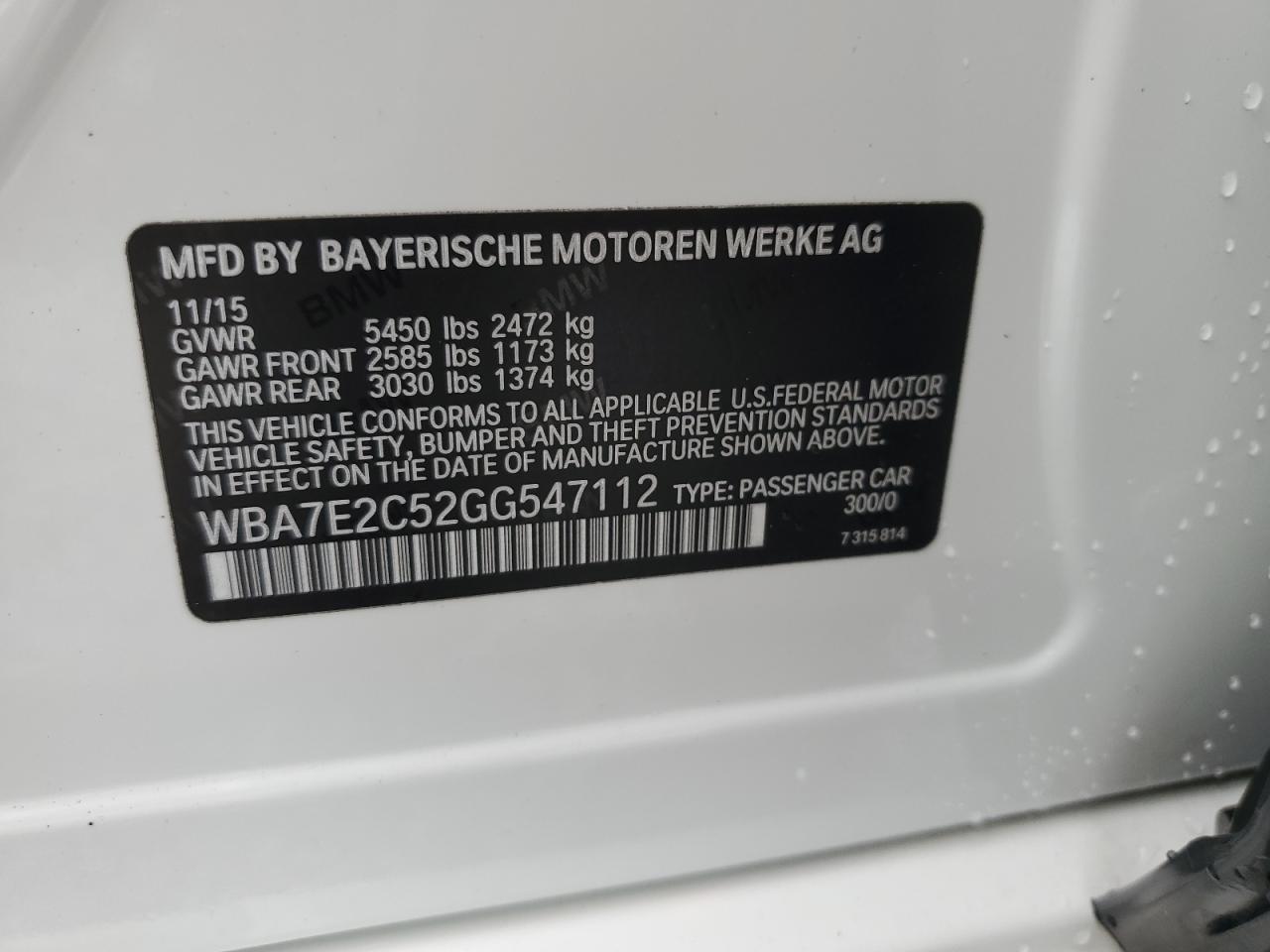 2016 BMW 740 I VIN: WBA7E2C52GG547112 Lot: 63069355