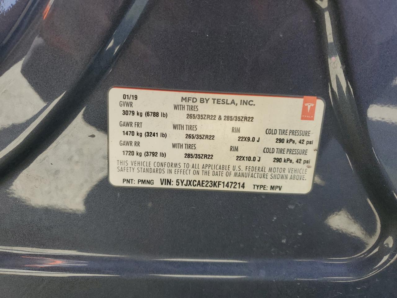 2019 Tesla Model X VIN: 5YJXCAE23KF147214 Lot: 61419265