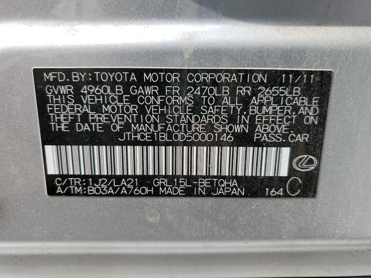 2013 Lexus Gs 350 VIN: JTHCE1BL0D5000146 Lot: 61381995