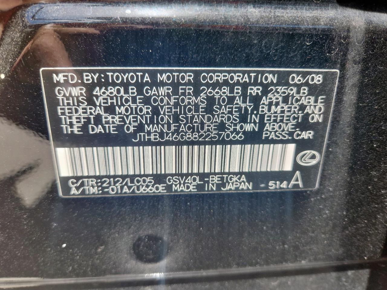 2008 Lexus Es 350 VIN: JTHBJ46G882257066 Lot: 62648725